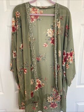 BAND OF GYPSIES OLIVE GREEN OPEN FRONT FLORAL KIMONO DUSTER SWIM COVERUP SZ M/L